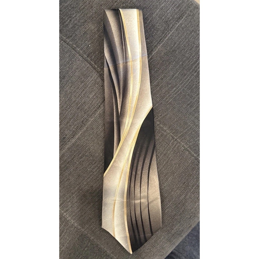 Pierre Cardin Black Gray Charcoal & Gold Geometric 100% Silk Neck Tie 58 Inch